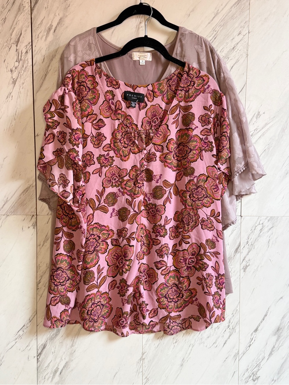 BUNDLE (2) Shannon Ford Cape Overlay + Premise Pink Floral Blouses Size 3X